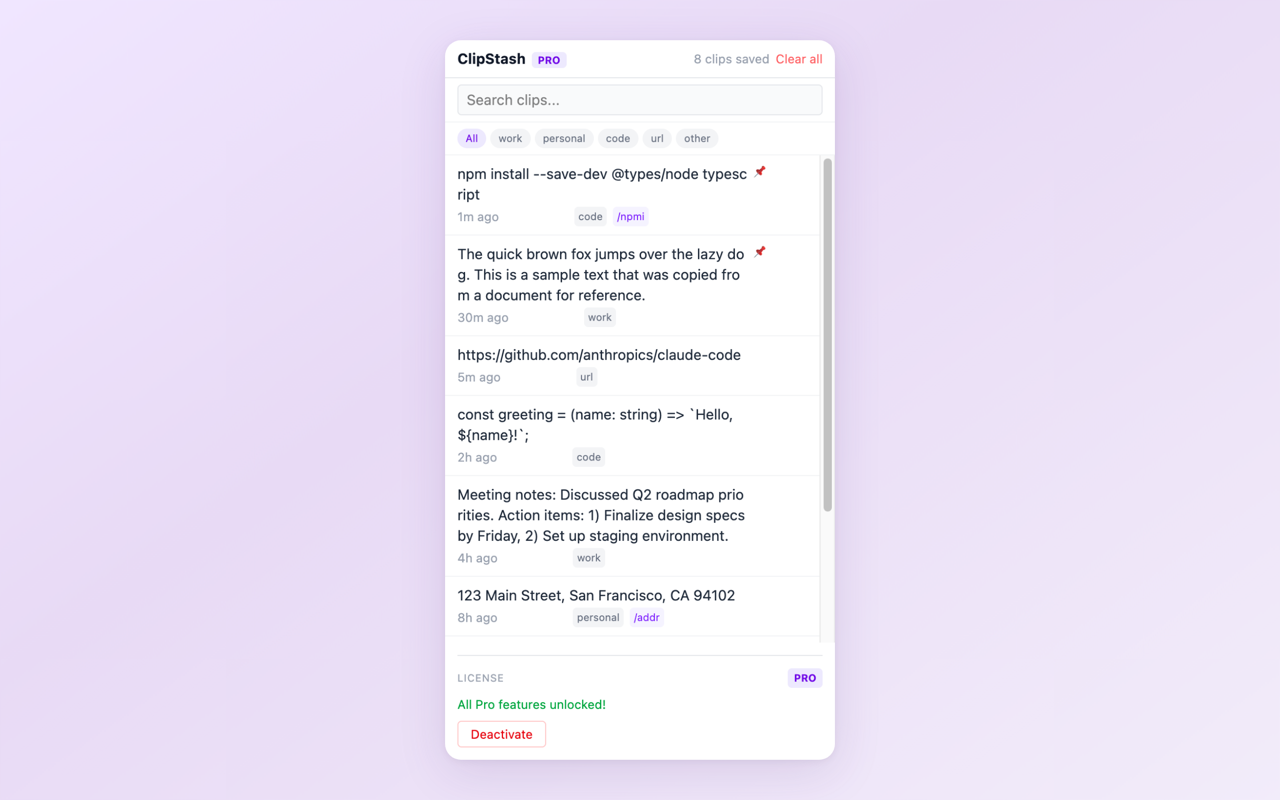 ClipStash side panel showing clipboard history stored locally in the browser