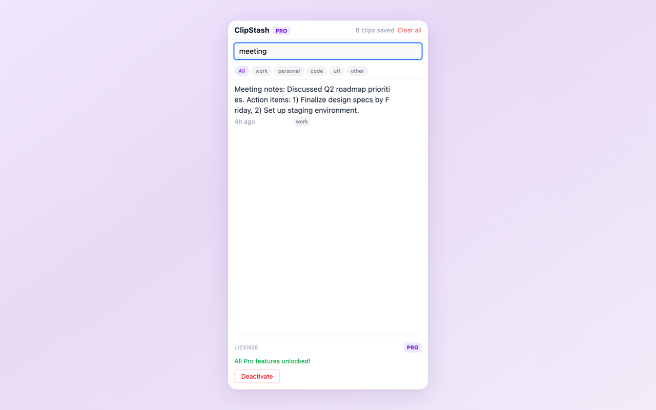ClipStash search feature filtering clipboard history by keyword