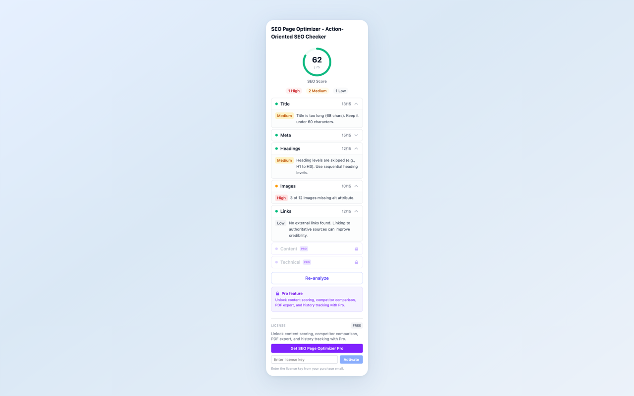 SEO Page Optimizer showing an SEO score with issues categorized by Title, Meta, Headings, Images, and Links