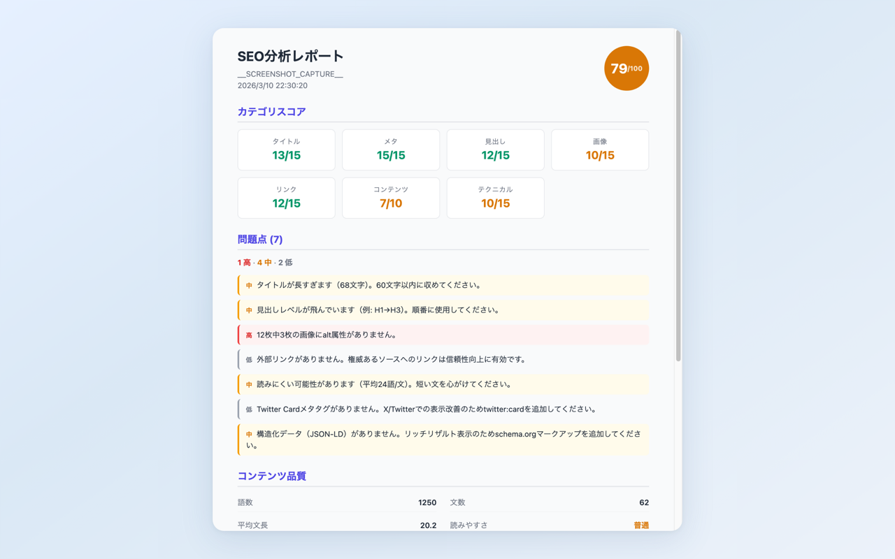 SEO Page Optimizer の詳細レポート。タイトル・メタ・見出し・画像・リンクのカテゴリ別分析