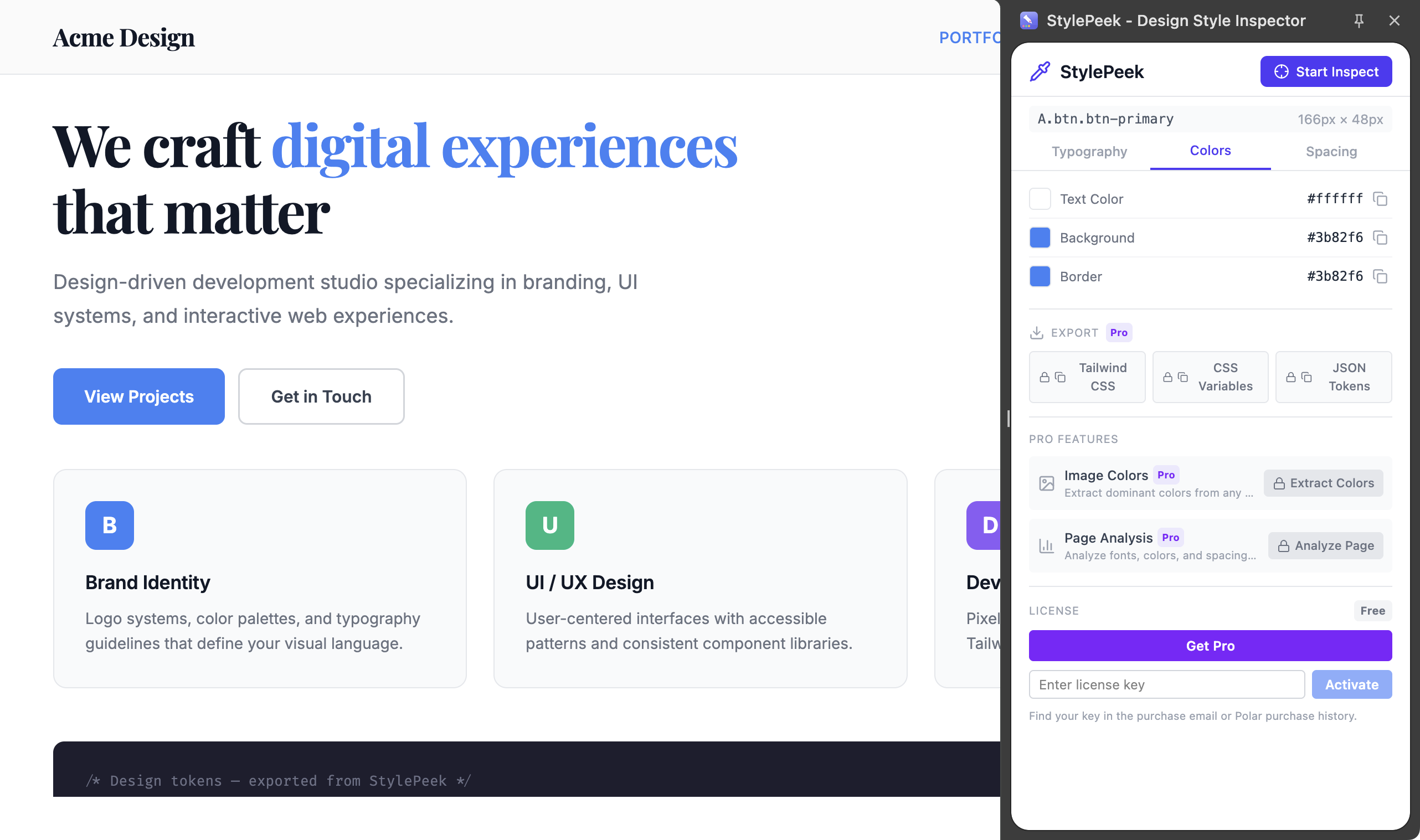 StylePeek side panel showing color inspection with hex, RGB, and HSL values and preview swatches