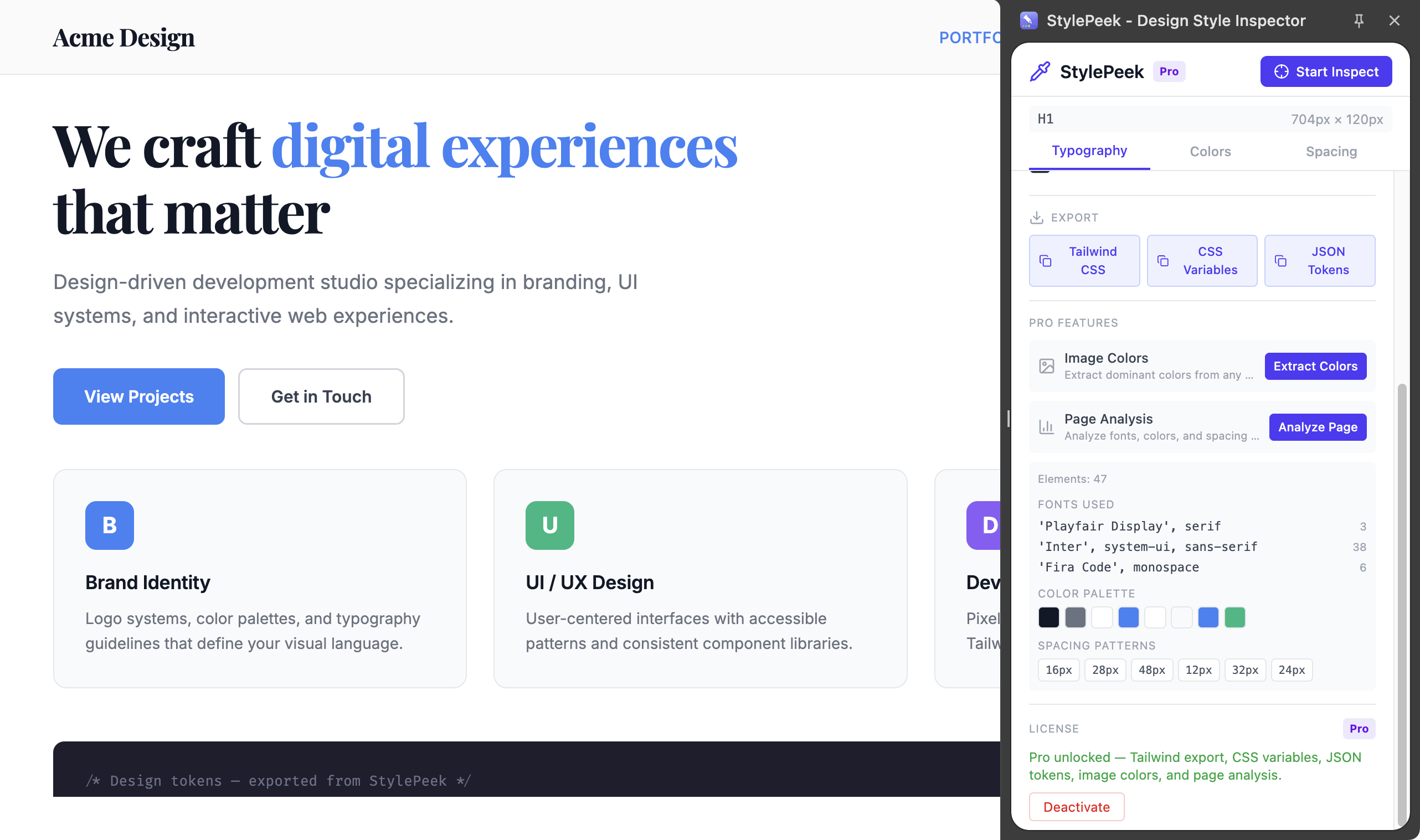 StylePeek Pro page analysis showing fonts used, color palette, and spacing patterns across the entire page