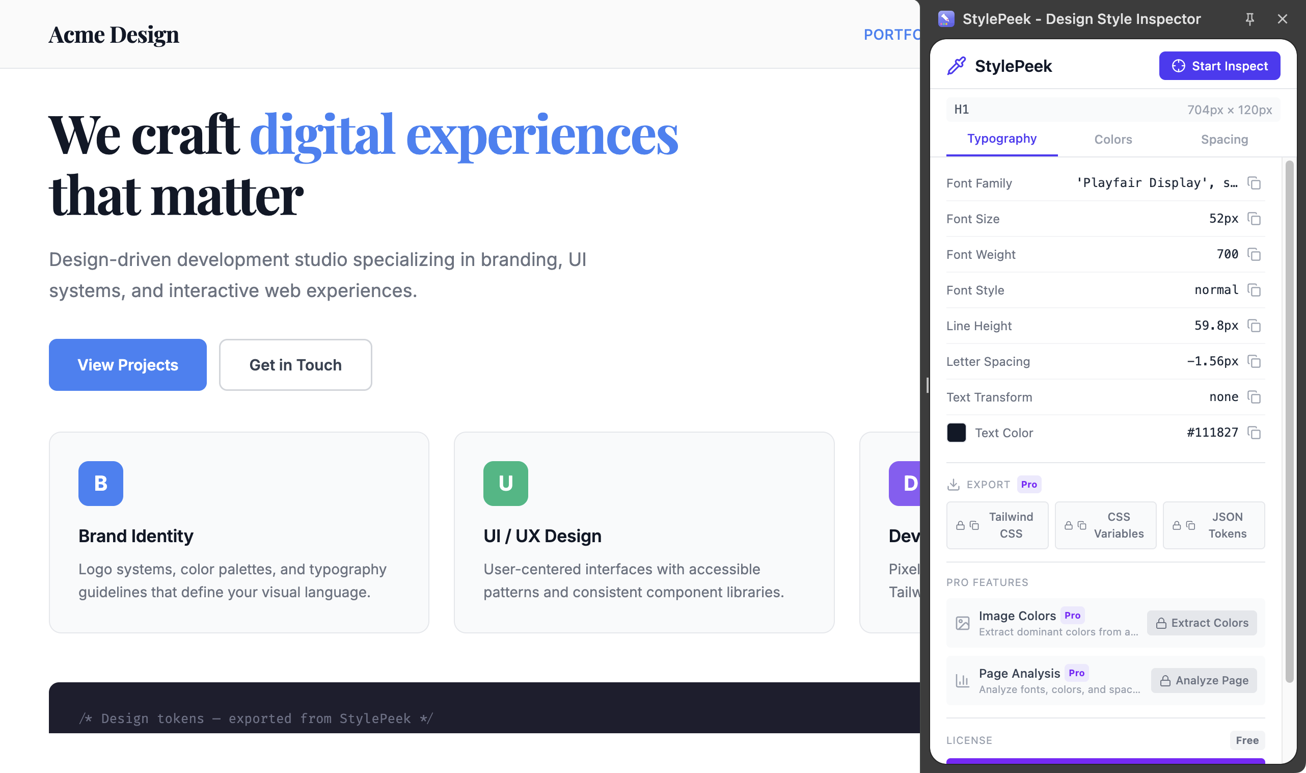 StylePeek side panel showing typography inspection with font family, size, weight, and line height