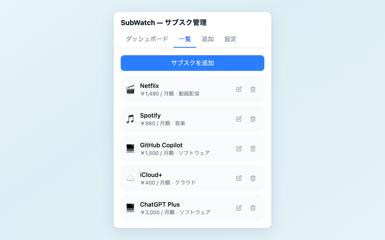 SubWatch サブスク一覧。登録済みサブスクリプションの詳細が一覧表示されている